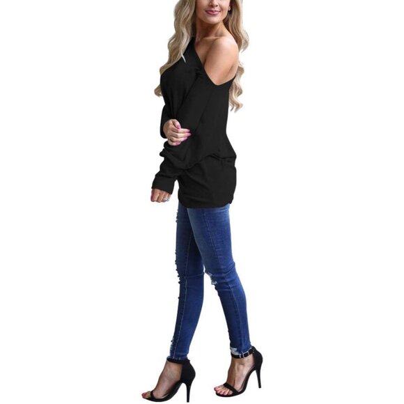 Women's Off Shoulder Knit Top Oversized Batwing Sleeve Casual Tunic - Picture 3 of 5